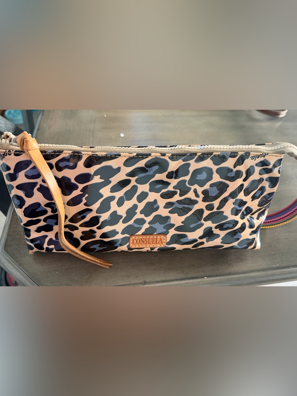 Consuela Blue Jag Leopard Print Zip Pouch Wristlet Colorful Woven Strap